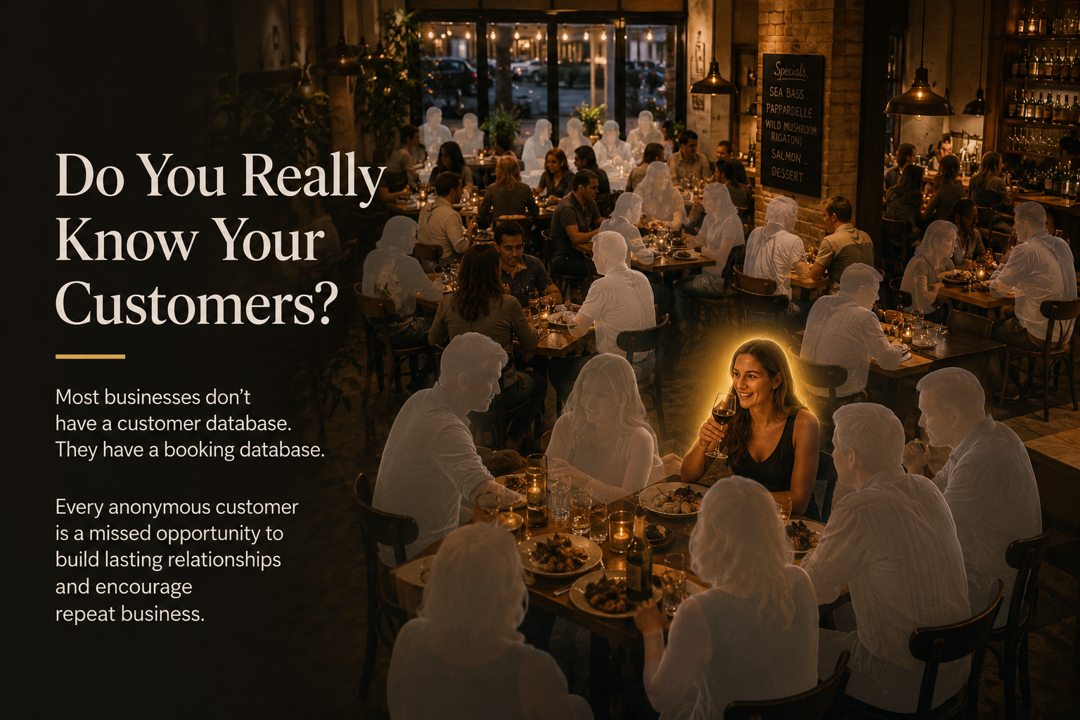 Busy restaurant full of customers illustrating how businesses often know only the person who made the booking while everyone else remains anonymous.