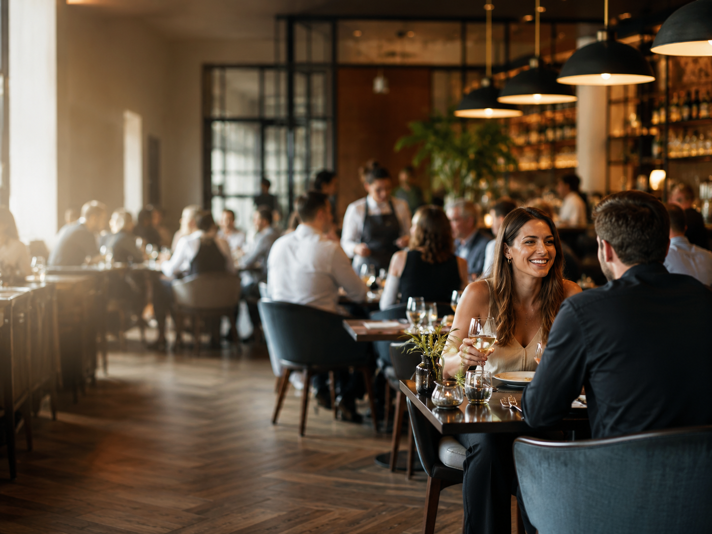 Customers enjoying a busy restaurant, illustrating the journey from anonymous visitors to loyal repeat customers.