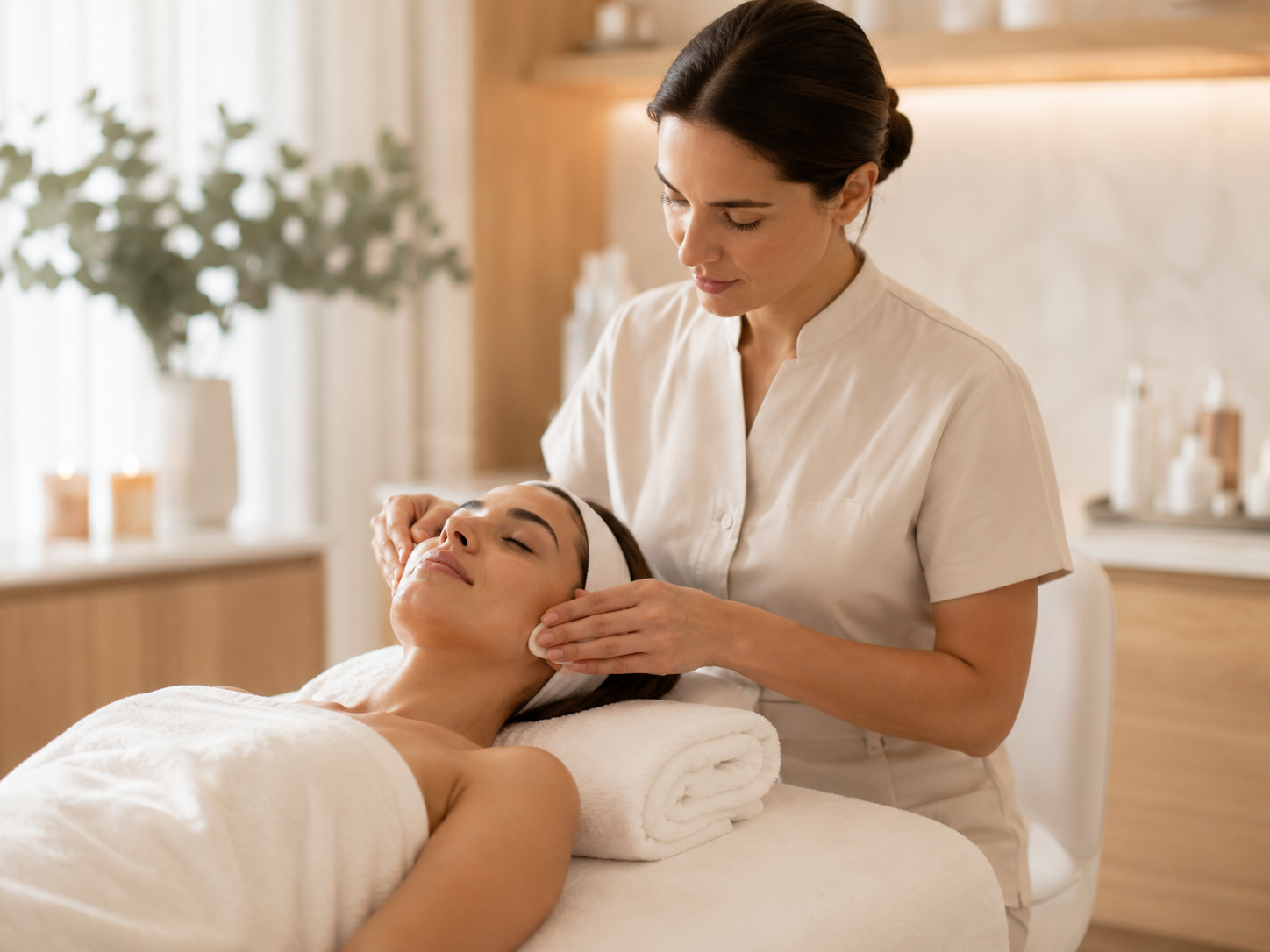 Beauty therapist providing a facial treatment, representing SMS appointment reminders and customer engagement for health and beauty businesses.