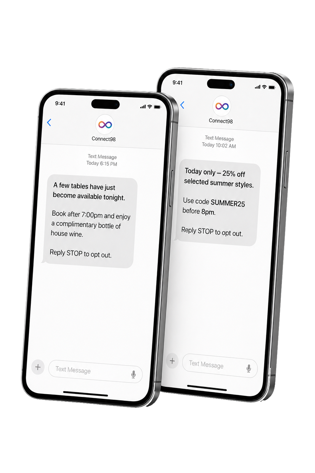 Two smartphones displaying Connect98 SMS marketing messages for restaurant and retail promotions to encourage repeat customer visits and purchases.