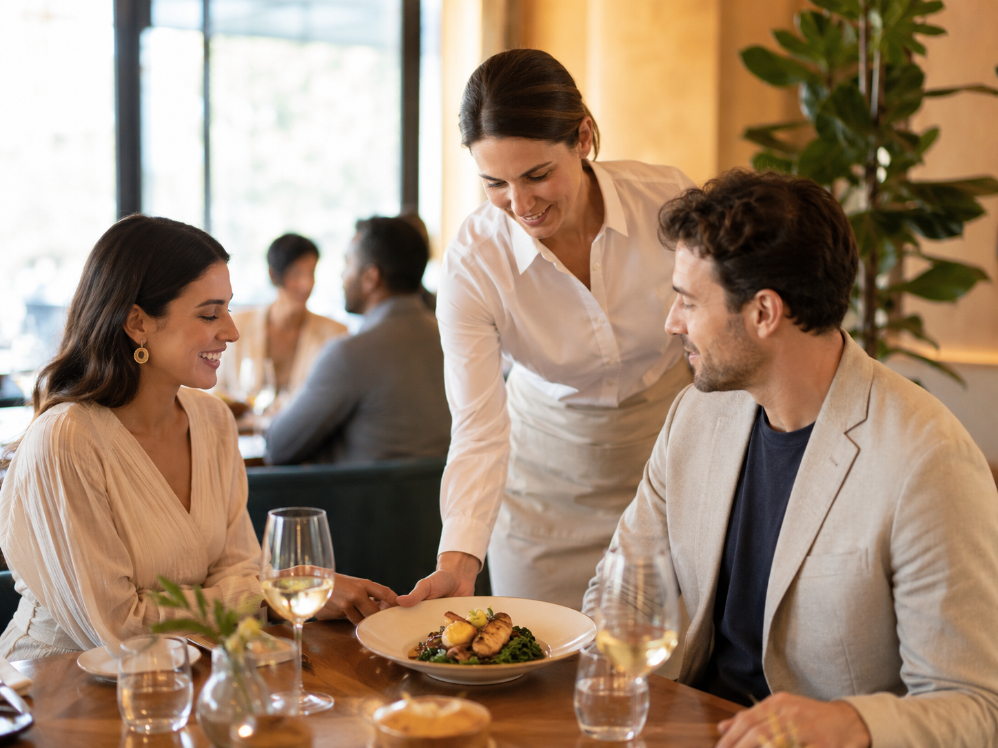 Restaurant guests being served by a waitress, representing hospitality SMS marketing and customer engagement with Connect98.