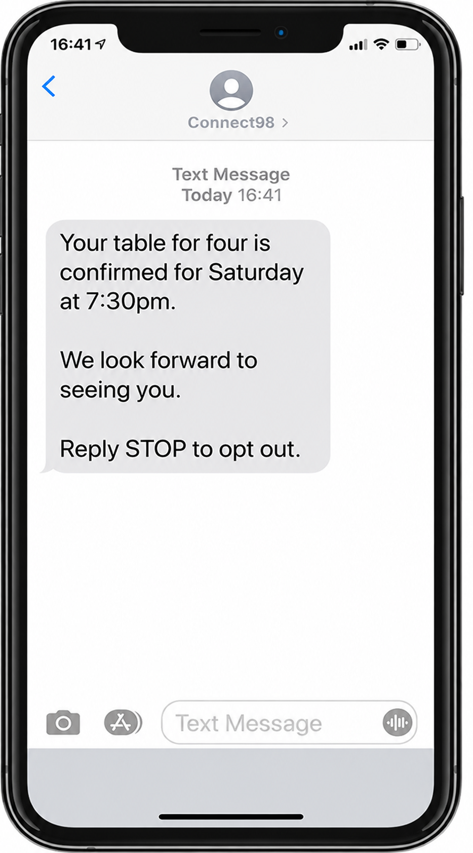 Smartphone displaying a restaurant booking confirmation message, showing how only the person who books is contacted while other guests remain anonymous.
