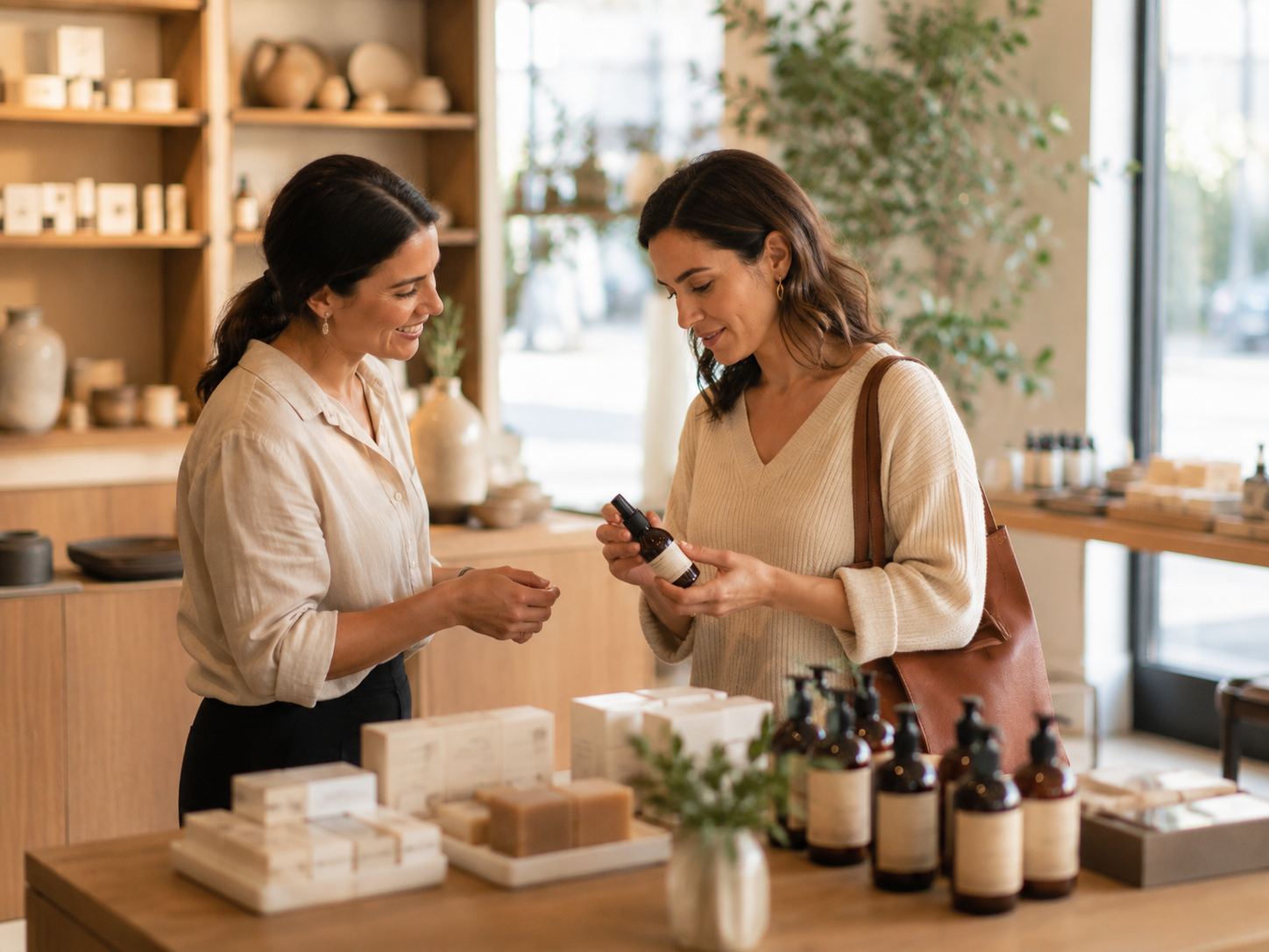 Customer receiving advice while shopping in a boutique, representing retail SMS marketing and customer loyalty with Connect98.