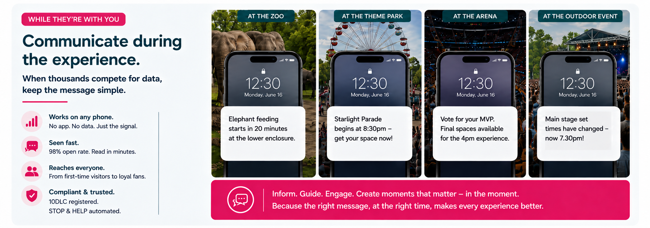 Connect98 SMS communication during the experience at zoos, theme parks, arenas and outdoor events
