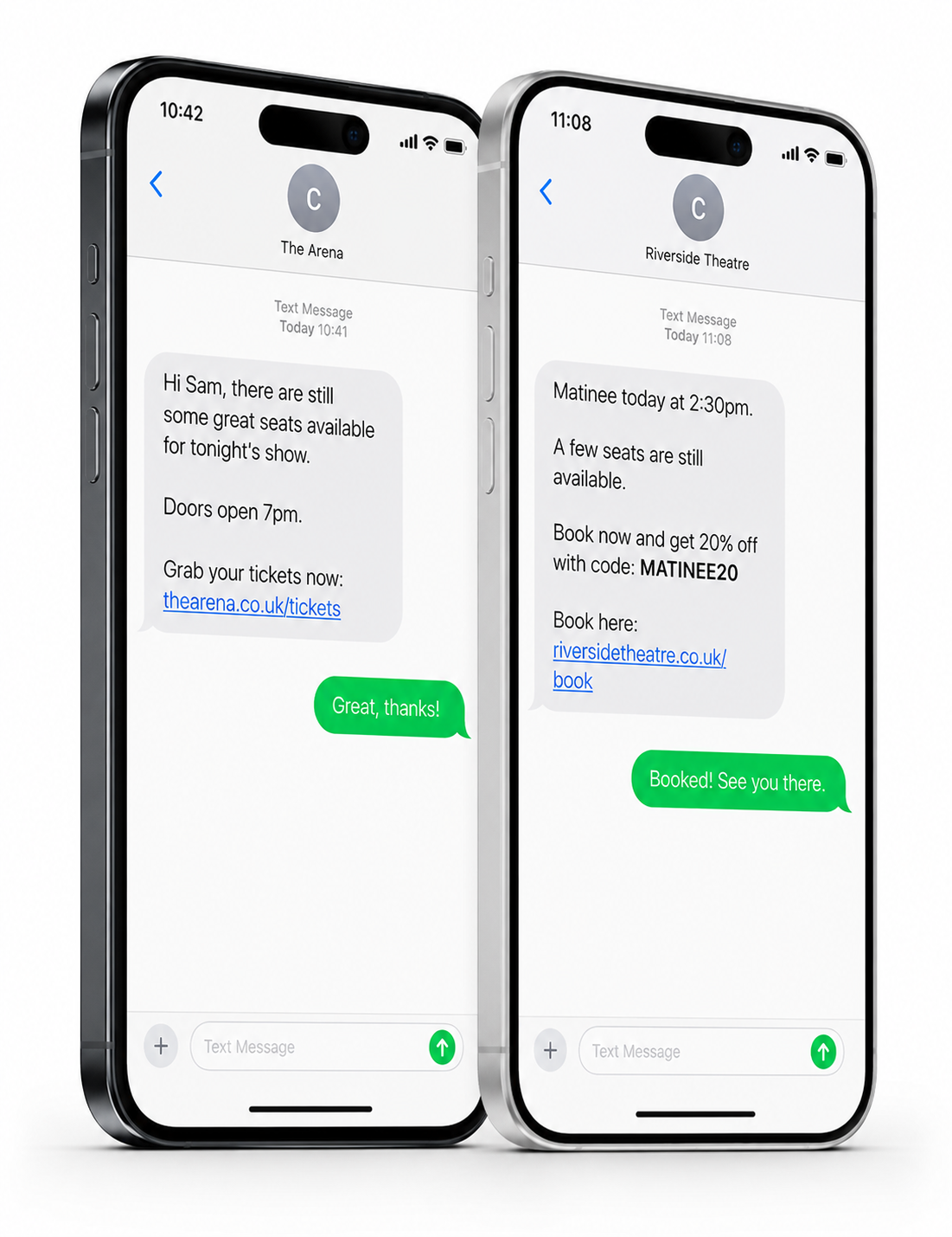 SMS messages promoting last-minute availability for leisure and entertainment businesses