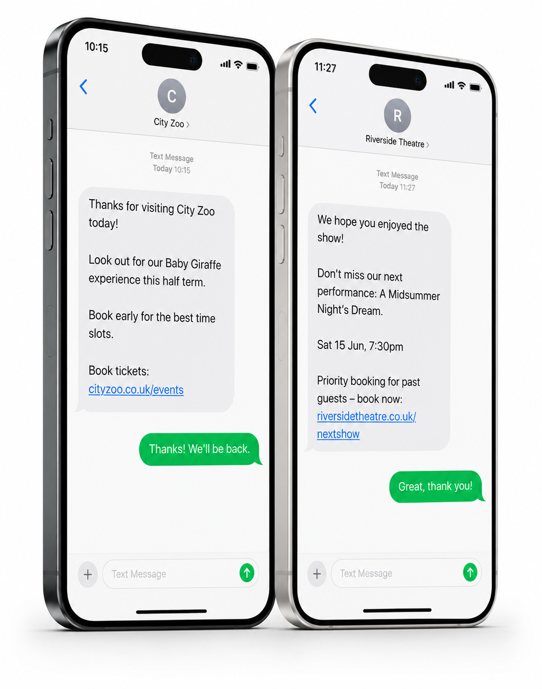 SMS messages encouraging leisure and entertainment customers to return and book another visit